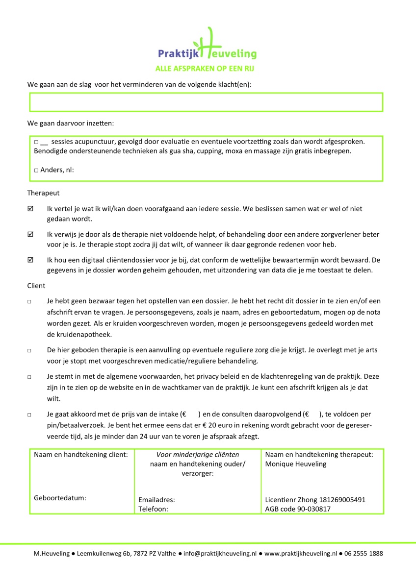 intake document, alle afspraken op een rij